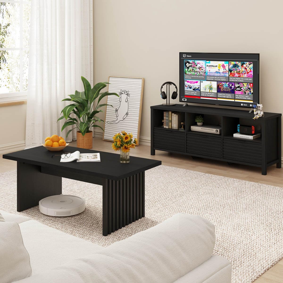 BON AUGURE Black Coffee Table, Modern Coffee Tables for Living Room, Wooden Center Table, Living Room Tables for Home, Office (Black Oak, 43Inch) BON AUGURE