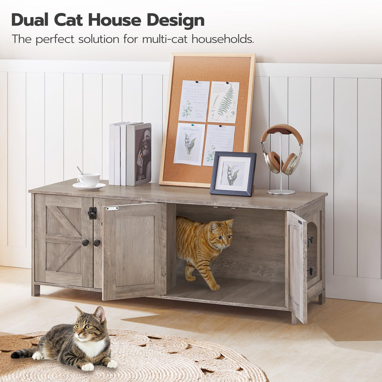 HOOBRO 47.2" Litter Box Enclosure for 2 Cats, Hidden Litter Box Furniture with Double Rooms, Wooden Cat Litter Box Enclosure, Dual Litter Box Design, Large Cat House for 2 Cats, Greige BG32MW01 HOOBRO