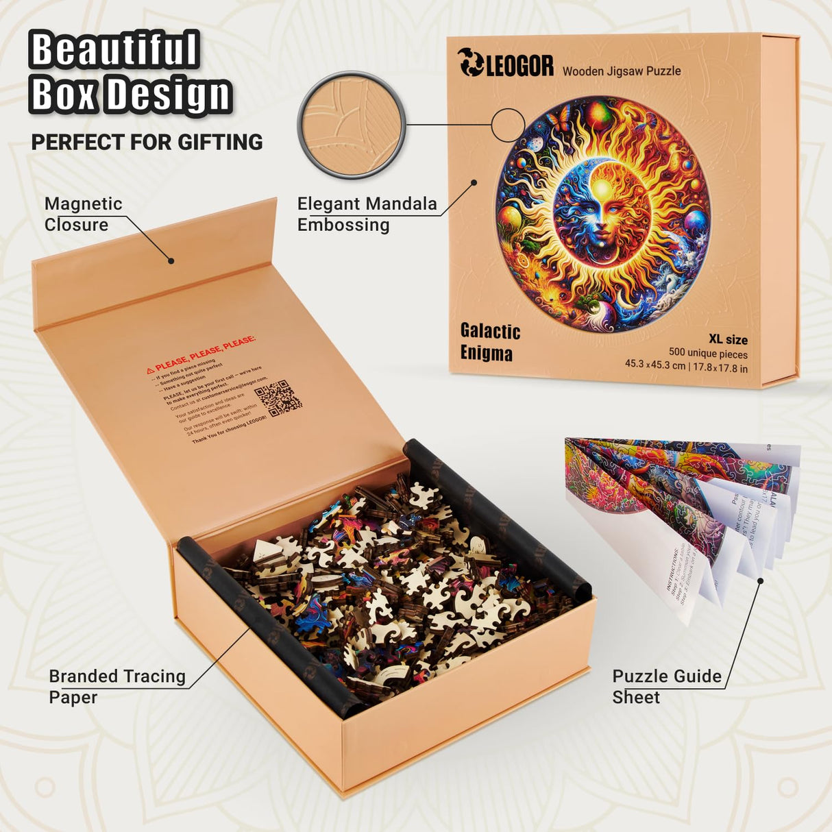 LEOGOR Extra Large Wooden Puzzles for Adults 500 Piece – Colorful Mosaic Sun and Moon Puzzle with Unique Laser Cut Animal-Shaped Wood Pieces – Challenging Jigsaw, 17.8'' x 17.8'' LEOGOR