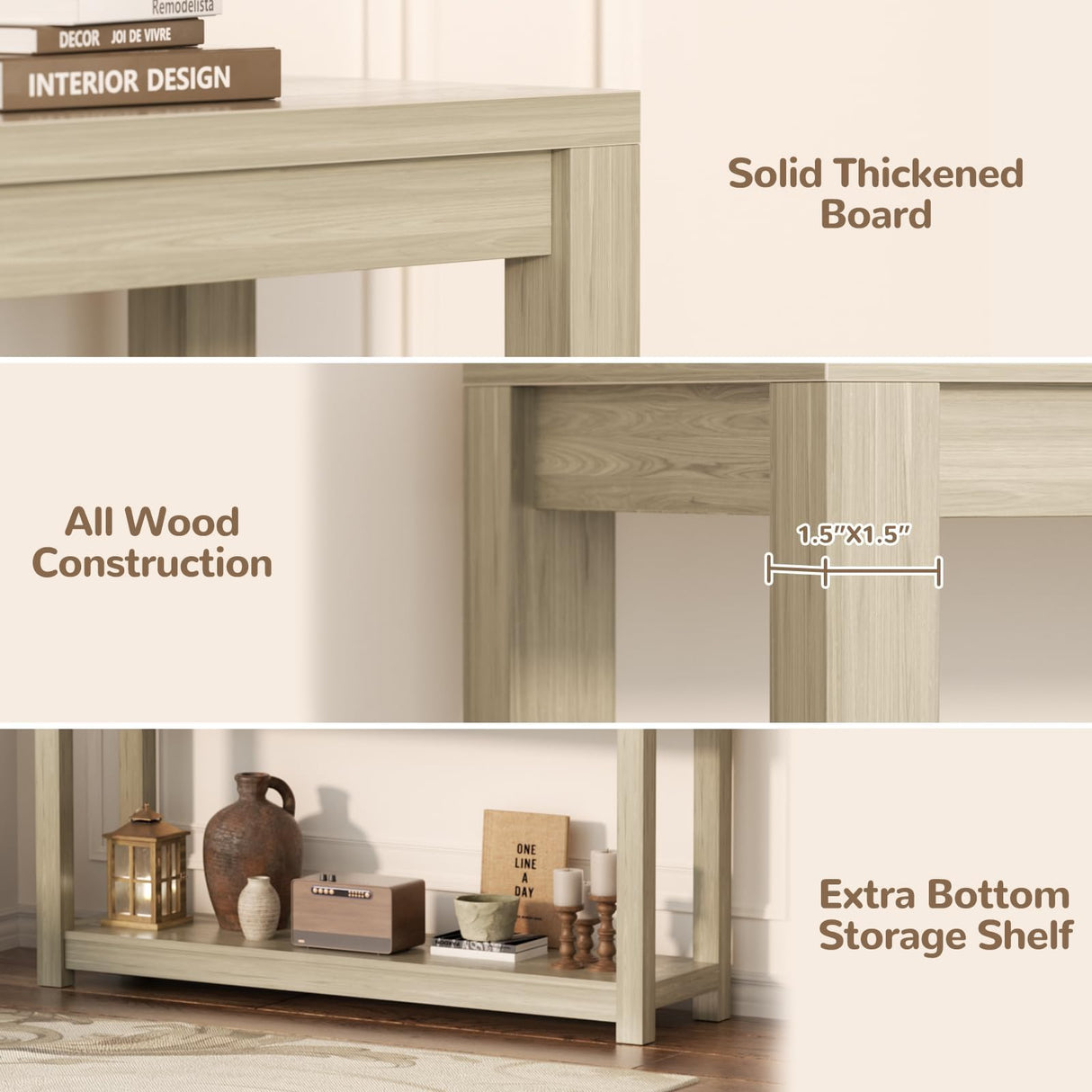 Besiost 47" Farmhouse Wood Entryway Table Narrow Console Table with Storage Behind Couch Sofa Table with Shelves Entry Way Table with Open Storage, Easy Assembly, Classical Washed Oak Besiost