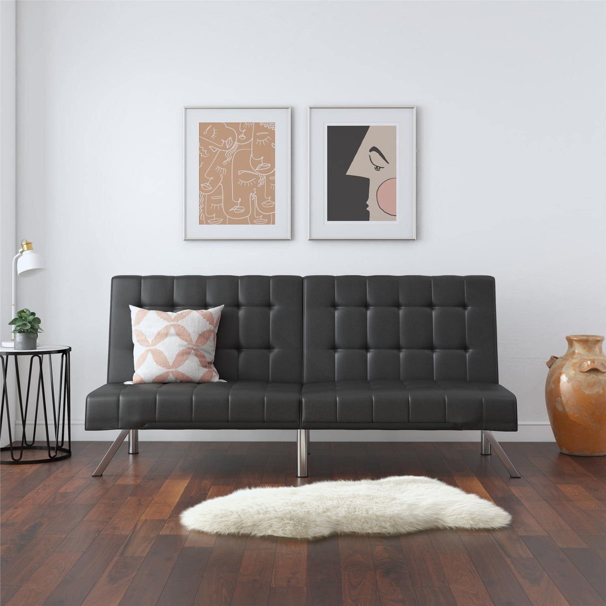 DHP Emily 71 Inch Futon Sofa Bed, Armless Upholstered Couch Sleeper with Tufted Back and Seat, Mid-Century Modern, Black Faux Leather DHP