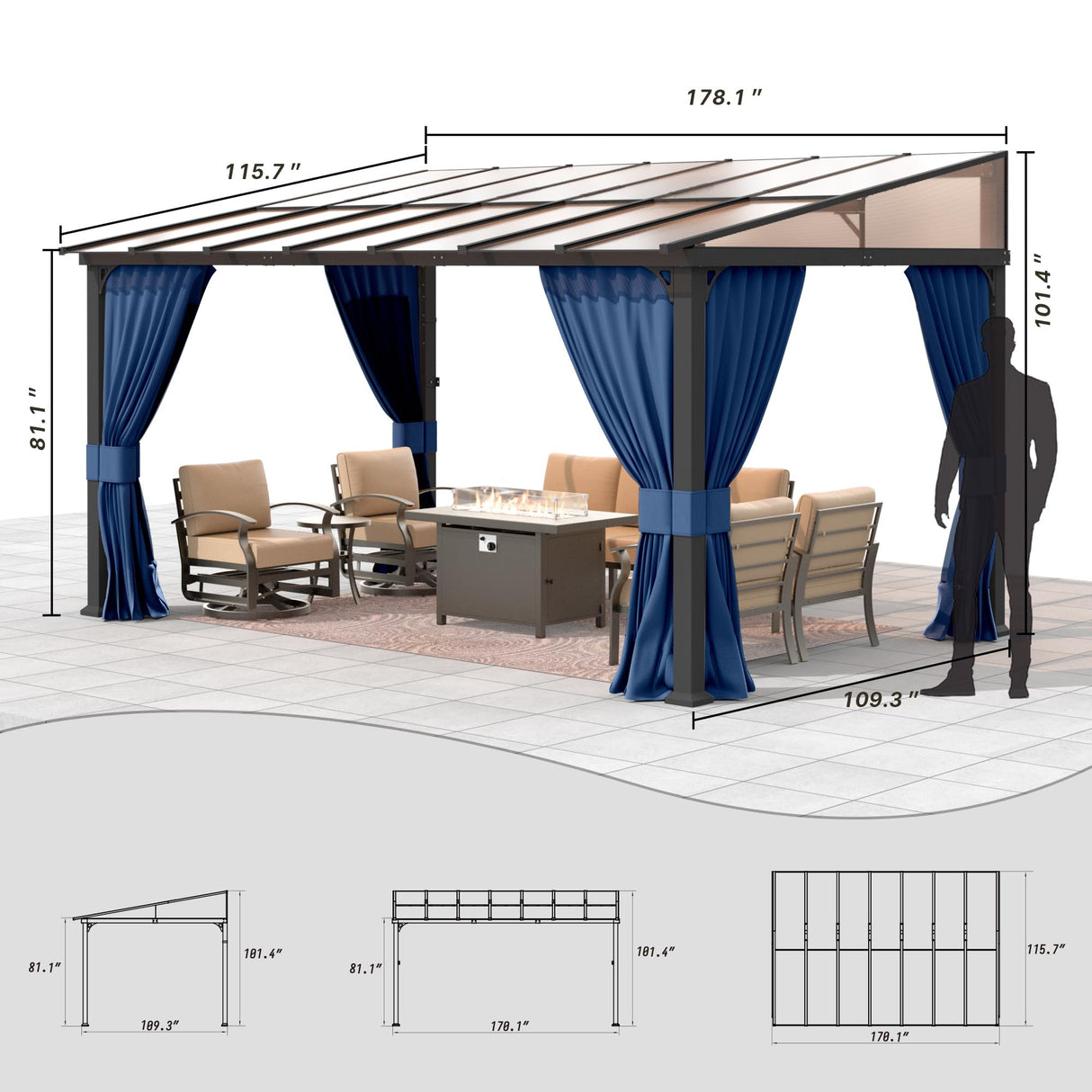 Gotland 10FTx14FT Outdoor Wall-Mounted Hardtop Pergola, Metal Frame Gazebo with Sloping Sun Panel Roof and Double Curtains for Patio, Garden, Lawn, Navy Gotland