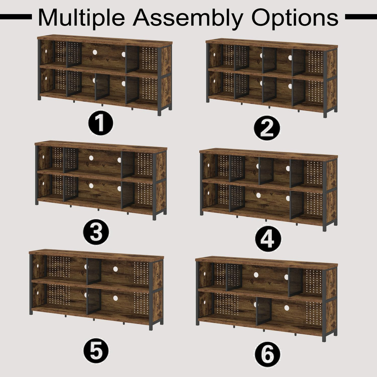 LVB Rustic Horizontal Bookshelf, Industrial Bookcase Cube Storage Organizer, Wide Large Metal Wooden Office Cube Shelf, Farmhouse Low Long Book Shelf for Home Bedroom Living Room, Rustic Brown, 63 in LVB