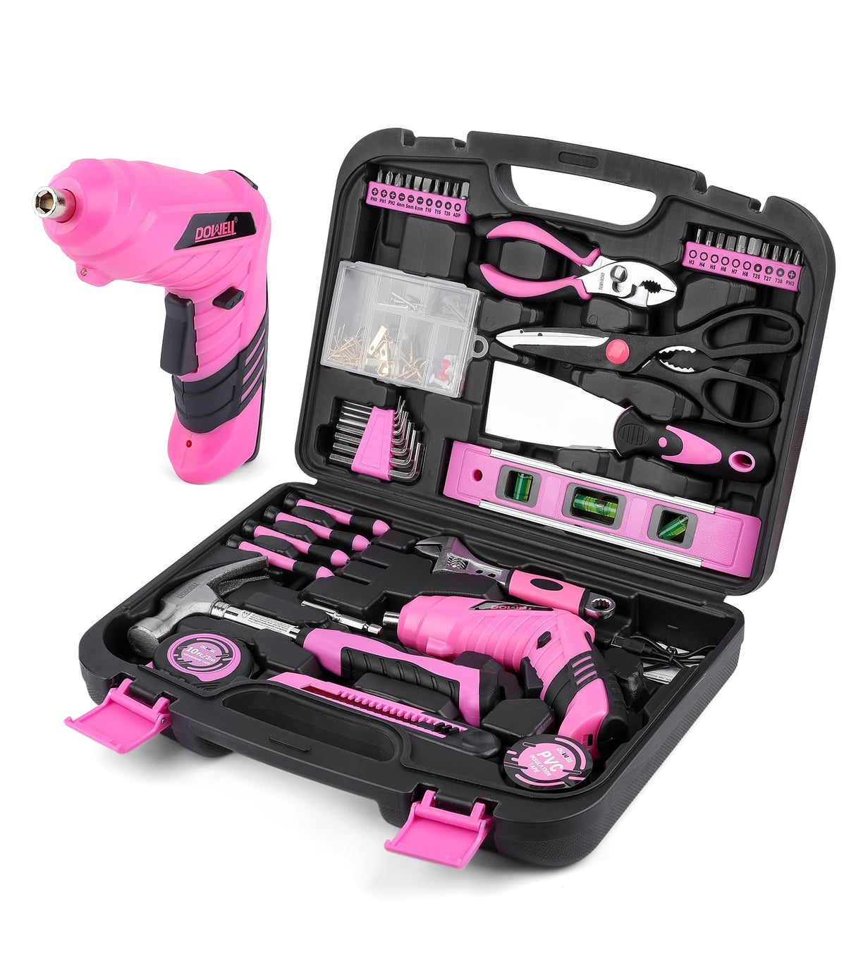 143 Pcs Pink Homeowner Tool Set with 3.6V Cordless Screwdriver General Household Hand Tool Kit with Plastic Tool box Storage Case for Women,Men DOWELL