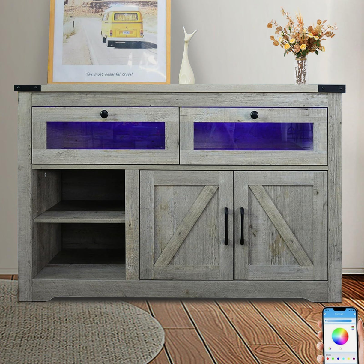 EXQUAL Sideboard Buffet Cabinet with Storage, 47" Kitchen Storage Cabinet with LED Lights, Farmhouse Coffee Bar with 2 Barn Doors for Kitchen Dining Room, Hallway, Living Room EXQUAL
