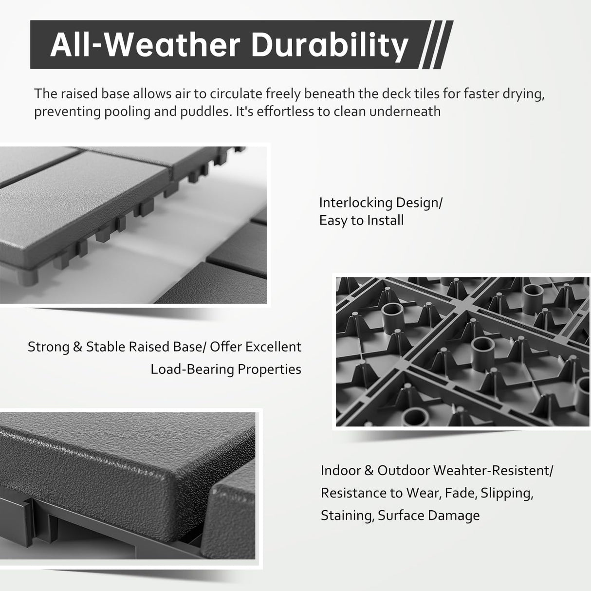 Interlocking Deck Tiles, EchoDeck Patio Deck Tiles, 44 Pack Deck Tiles Interlocking Outdoor All Weather, 12"x12", 8 Slat, 44 Sq. Ft, Highly Durable, Stylish, Non-Slip, Faster-Drying, Dark Grey EchoDeck