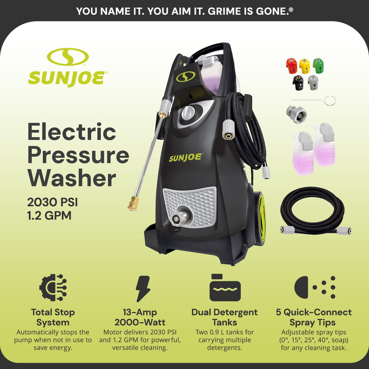 Sun Joe Electric Pressure Power Washer, 2030 PSI, 1.2 GPM, Dual Soap Tanks, SPX3000, Black Sun Joe