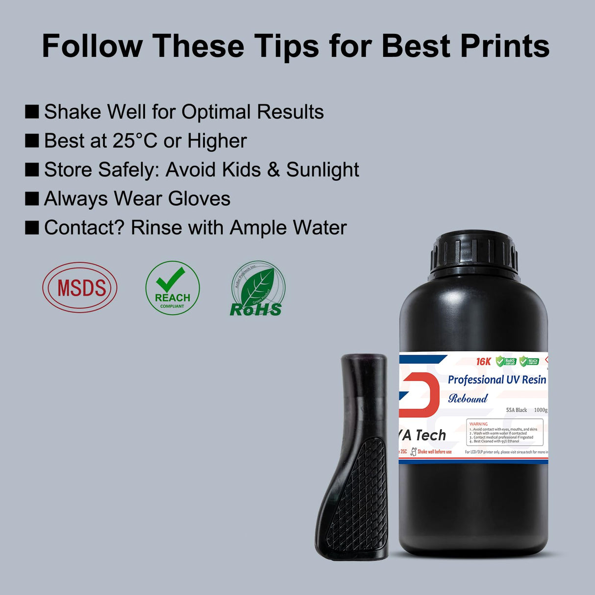 Siraya Tech Rebound 55A Black – Fast-Rebound 3D Printing Resin, High Elasticity, 55A Shore Hardness, Flexible & Shock-Absorbing – for Prototyping, Industrial & Consumer Applications (1kg) Siraya Tech