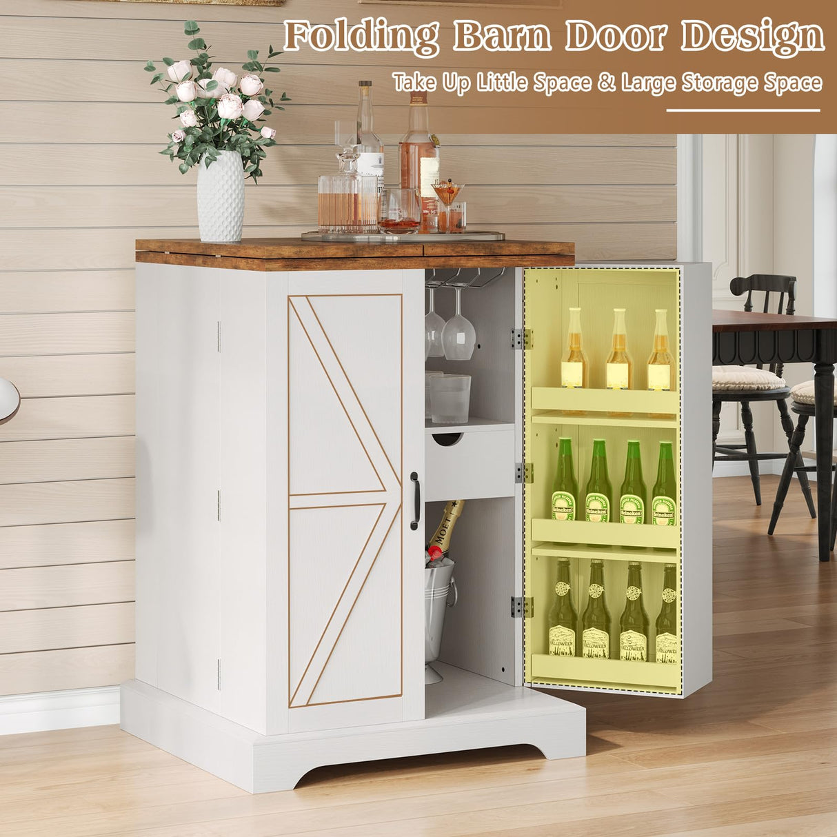 LUXOAK Farmhouse Expandable Wine Bar Cabinet, 61" Home Bar Unit with Foldable Tabletop & Barn Door, Coffee Bar Cabinet with Wine & Glass Holder, Liquor Cabinet/Mini Bar/Buffet Cabinet, White LUXOAK