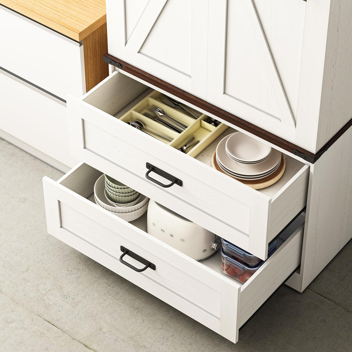 Hlivelood 72" Tall Storage Cabinet with Barn Doors & 2 Drawer, Pantry Cabinet with Adjustable Shelves, Rustic Wood Cupboard for Kitchen, Dining Room, Living Room, White Hlivelood