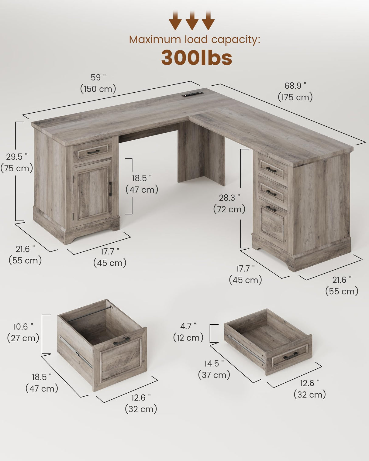 Itaar Farmhouse L Shaped Desk, Executive Computer Desk with Drawers and Storage Cabinet, Home Office Desk with File Drawer and Power Outlet, Corner Desk, Workstation for Office Home, Grey Itaar