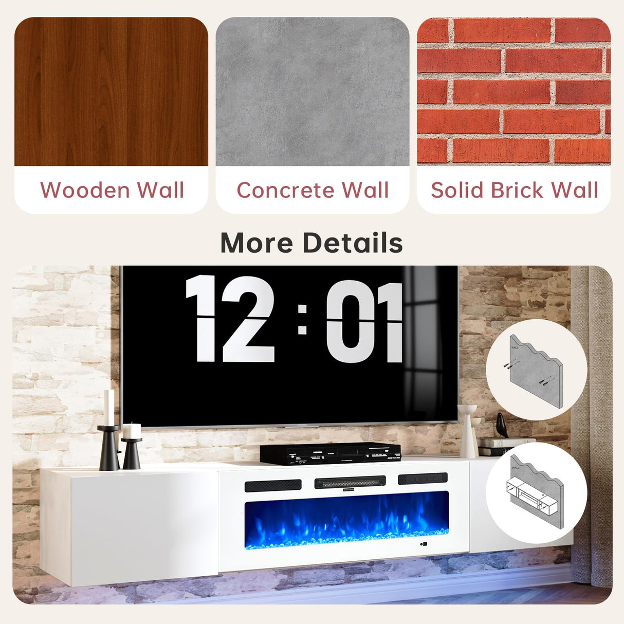 oneinmil 70" Floating Fireplace TV Stand with 36" Electric Fireplace, Wall Mounted Floating Entertainment Center with Storage, TV Console with Fireplace, Floating TV Cabinet, All White oneinmil