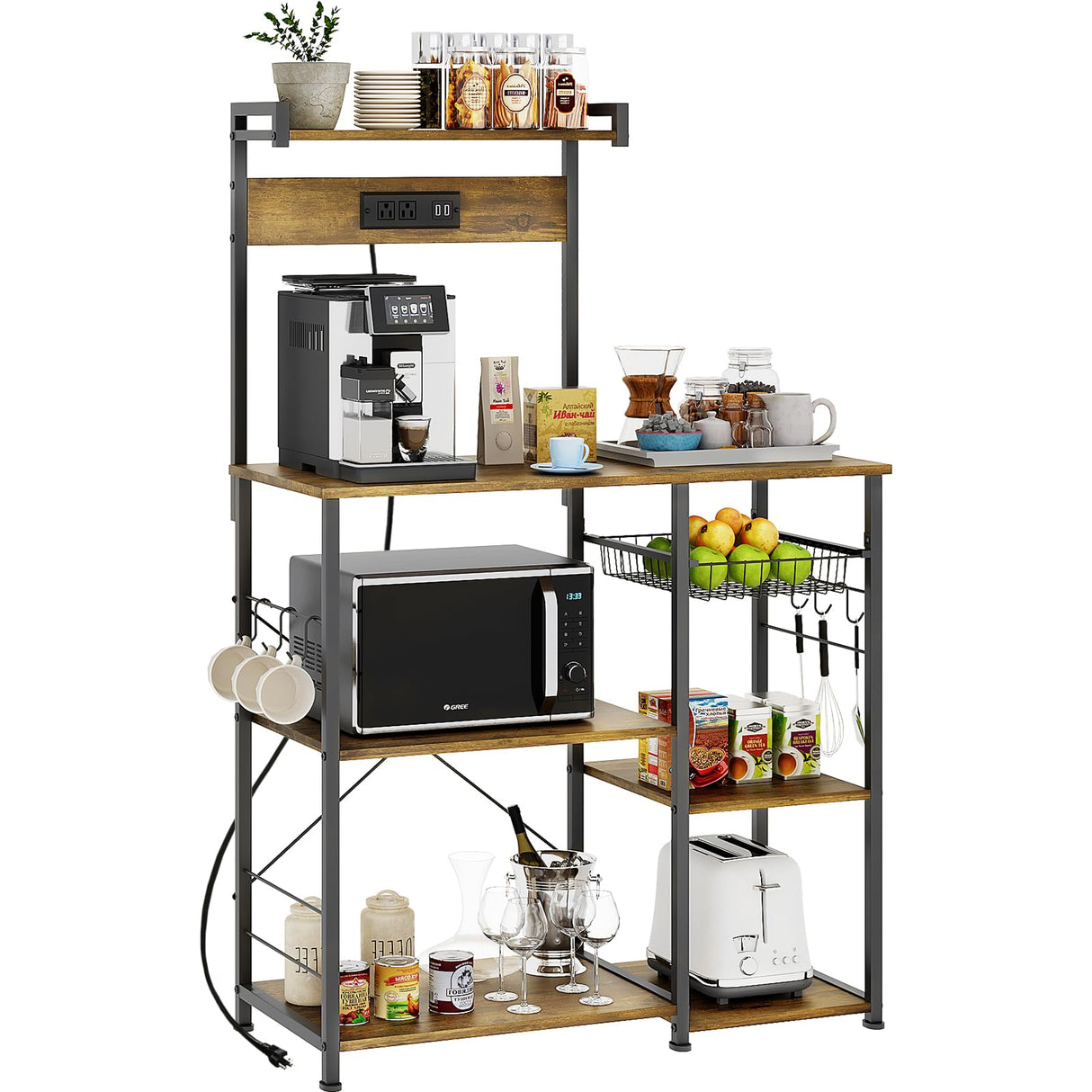 ZERDER Bakers Rack with Power Outlets and 2 USB Ports, Utility Microwave Stand, Kitchen Storage Rack with 6 S-Shaped Hooks, Kitchen Shelves, Rustic Brown ZERDER