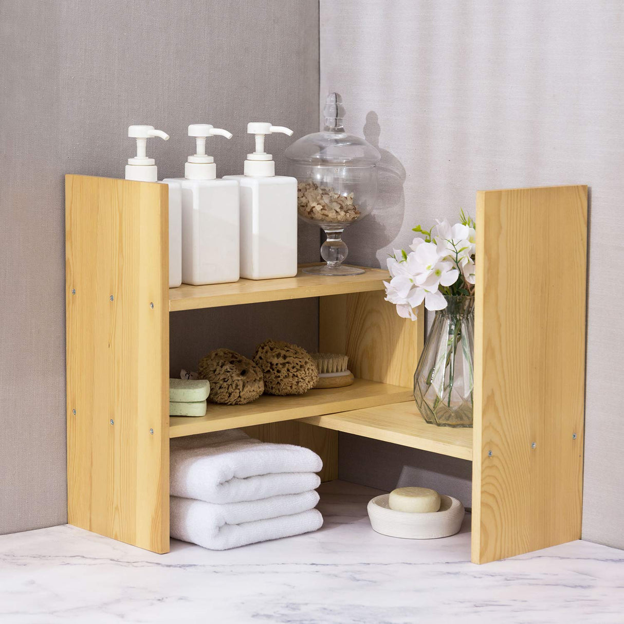 MyGift Adjustable Solid Wood Desktop Shelf Organizer in Beige MyGift
