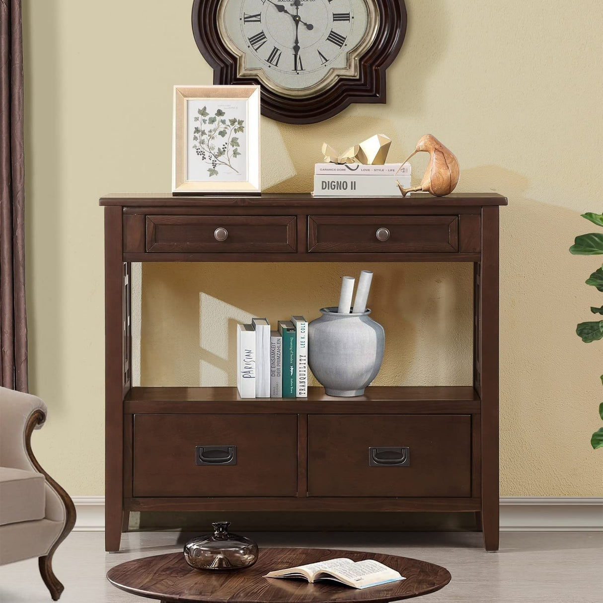 L“KeKe 36 Inch Country Farmhouse Console Table with 4 Drawers and 1 Storage Shelf Pine Wood Suitable for Entryway Entrance Living Room Bedroom Hallway Kitchen (Light espreso L“KeKe