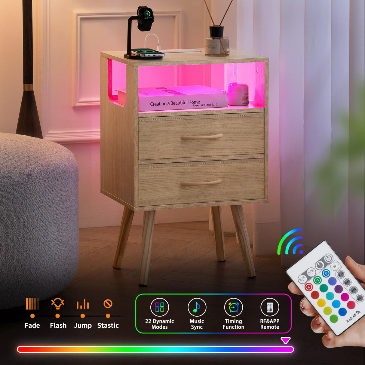 Yoobure LED Night Stand with Charger Station, Mid Century Modern Nightstand with Fabric Drawers, Bedside Table Nightstands with Storage Shelf, Bed Side Table Small Night Stands for Bedroom Living Room Yoobure