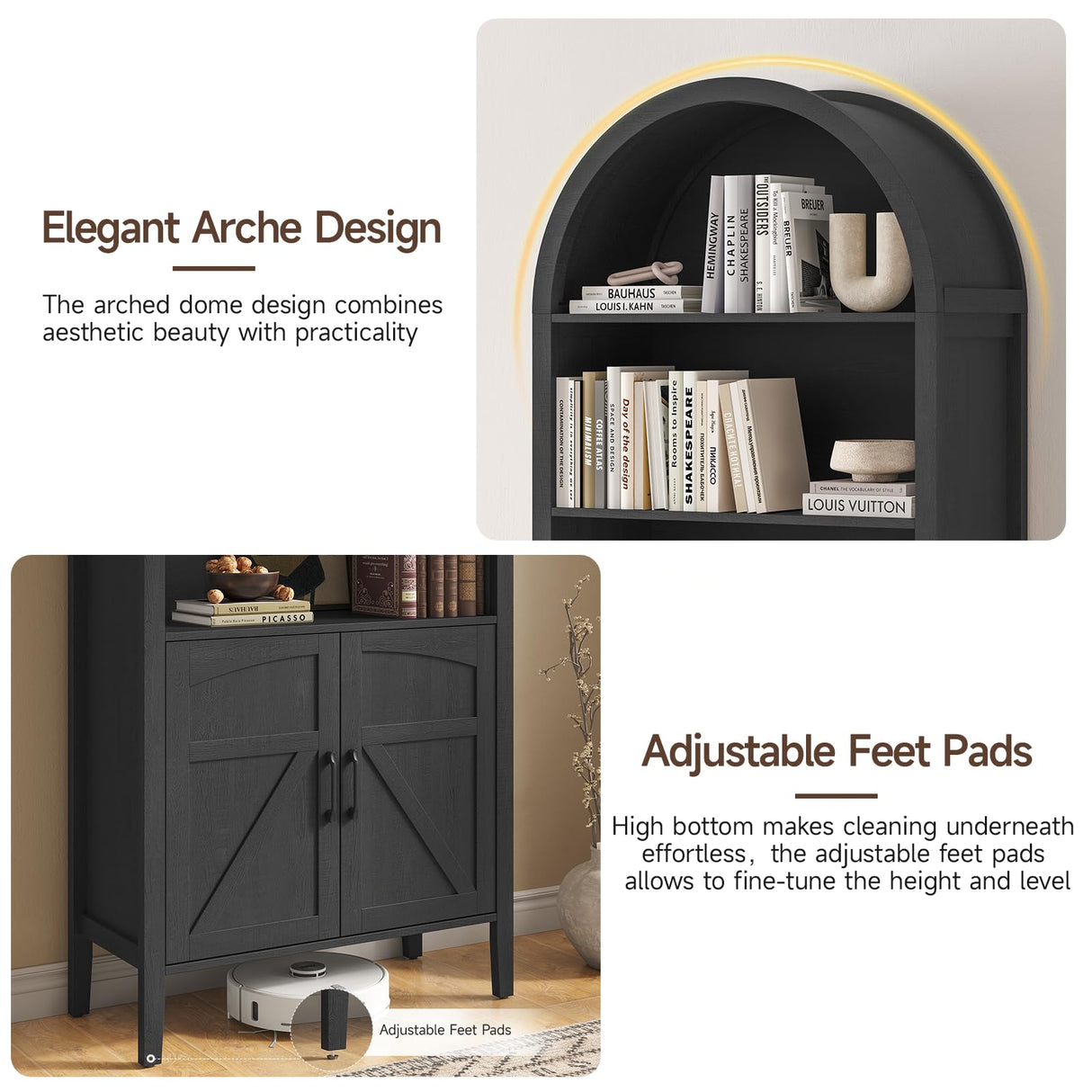 ONBRILL 71" Tall Arched Bookshelf, 5-Tier Arched Bookcase with Door & Storage Cabinet, Farmhouse Display Bookshelf Cabinet with Adjustable Shelf, Freestanding Wood Bookcase for Home Office, Study ONBRILL