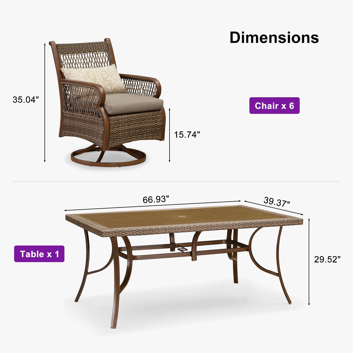 PURPLE LEAF Outdoor Dining Set for 6 All Weather Wicker Patio Dining Set with Hand-Woven Rattan Swivel Dining Chais and Rectangular Aluminum Table for Garden Deck Backyard Kitchen PURPLE LEAF