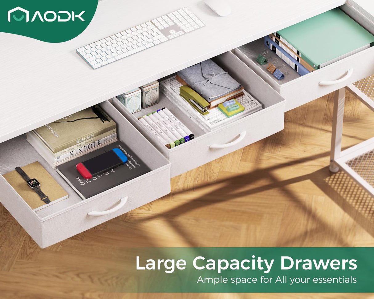AODK 61 Inch L Shaped Computer Desk with Drawers, Corner Desk with Power Outlets & Reversible Storage Shelves, Movable CPU Stand for Home Office Gaming, White AODK