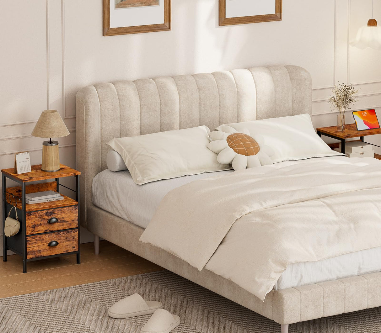 Furologee Nightstand with 2 Fabric Drawers, Bedside Table, End Table with Open Wood Shelf, Side Sofa Table with 2 Hooks for Bedroom/Living Room/Study/Halway/Rustic Brown Furologee