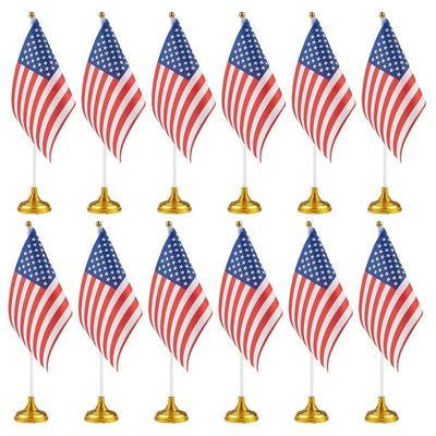 12-Pack Mini American Flags with Stand Base for Desk, Veterans, 4th of July, Memorial Day Small Miniature USA Desktop Centerpiece for Patriotic Home Office Table Party Decorations
