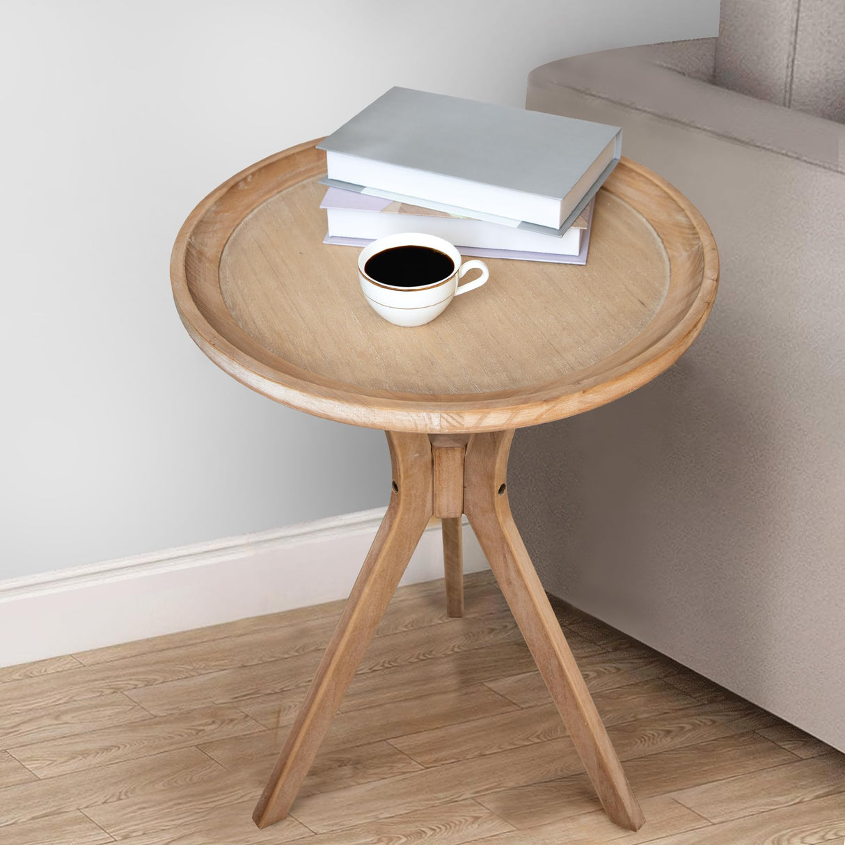 COVLON Farmhouse Side Table, Natural Wood Tray Top Sofa End Table, Soild Wood Rustic Accent Table, Nightstand for Family, Living Room or Dinning COVLON