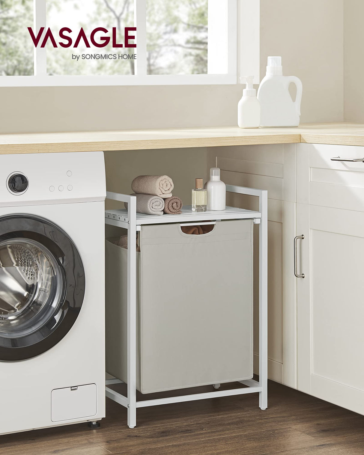 VASAGLE Laundry Hamper, Laundry Basket, Laundry Sorter with A Pull-Out and Removable Bag, Shelf, Metal Frame, 17.2 Gallons (65 L), 19.7 x 13 x 28.4 Inches, White UBLH101W01 VASAGLE