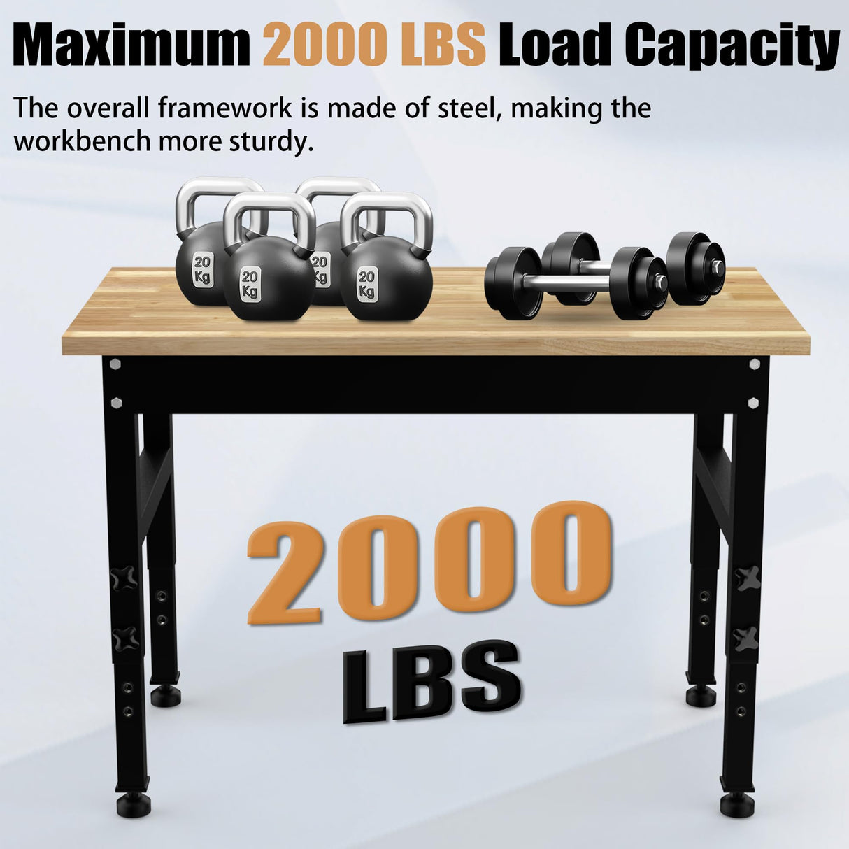 IBXFO 48" Adjustable Workbench, 2000LBS Rubber Wood Top Heavy-Duty Workstation, Suitable for Large Capacity Rubberwood Countertop Workbench for Garage, Office, Workshop IBXFO