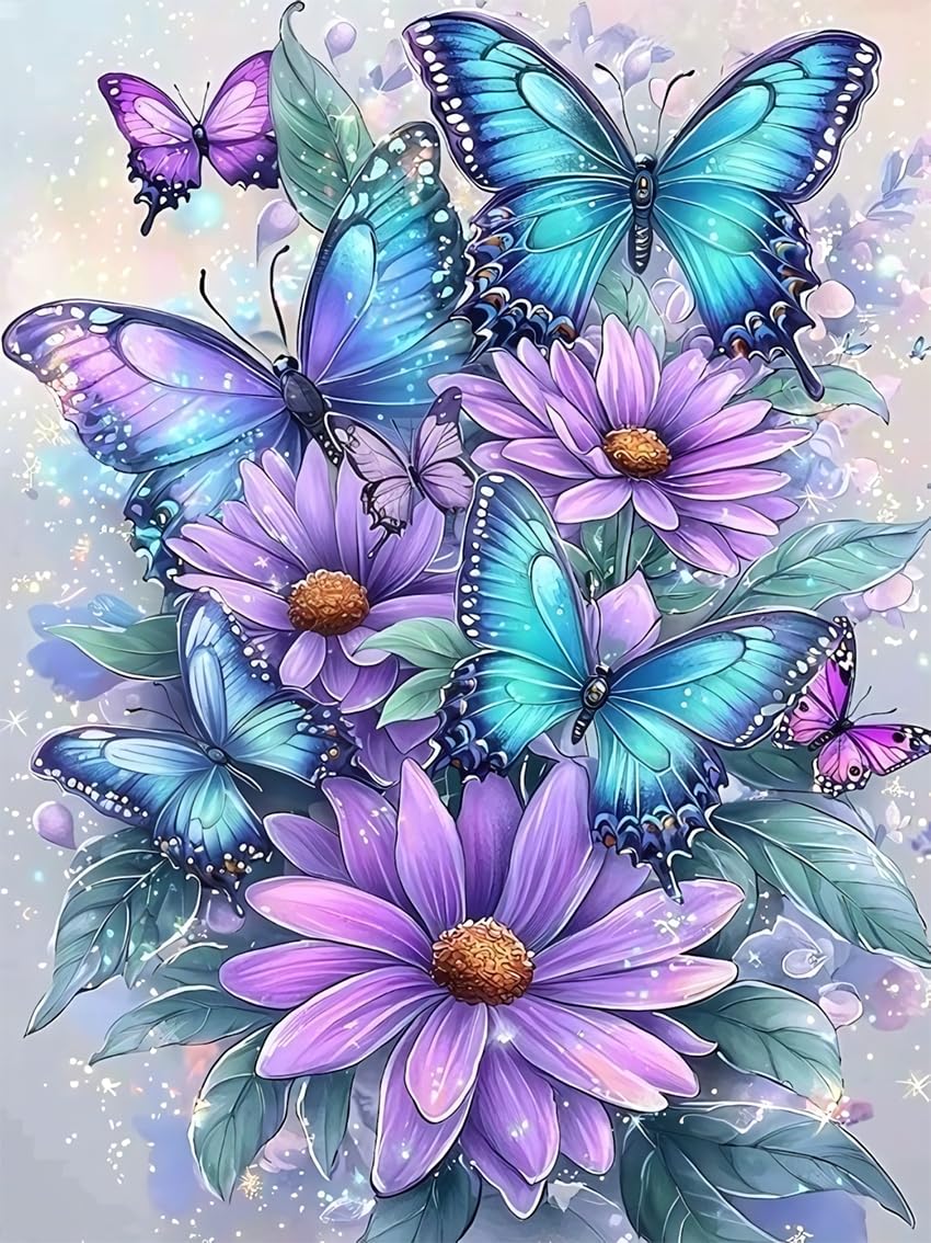 MBNTJHT DIY Butterfly Diamond Art Kits for Adults Beginners,Easy Flowers 5D Round Drill Diamond Painting Kits on Canvas,Butterfly and Floral Gem Art Kits for Home Wall Decor 12X16 Inch. MBNTJHT