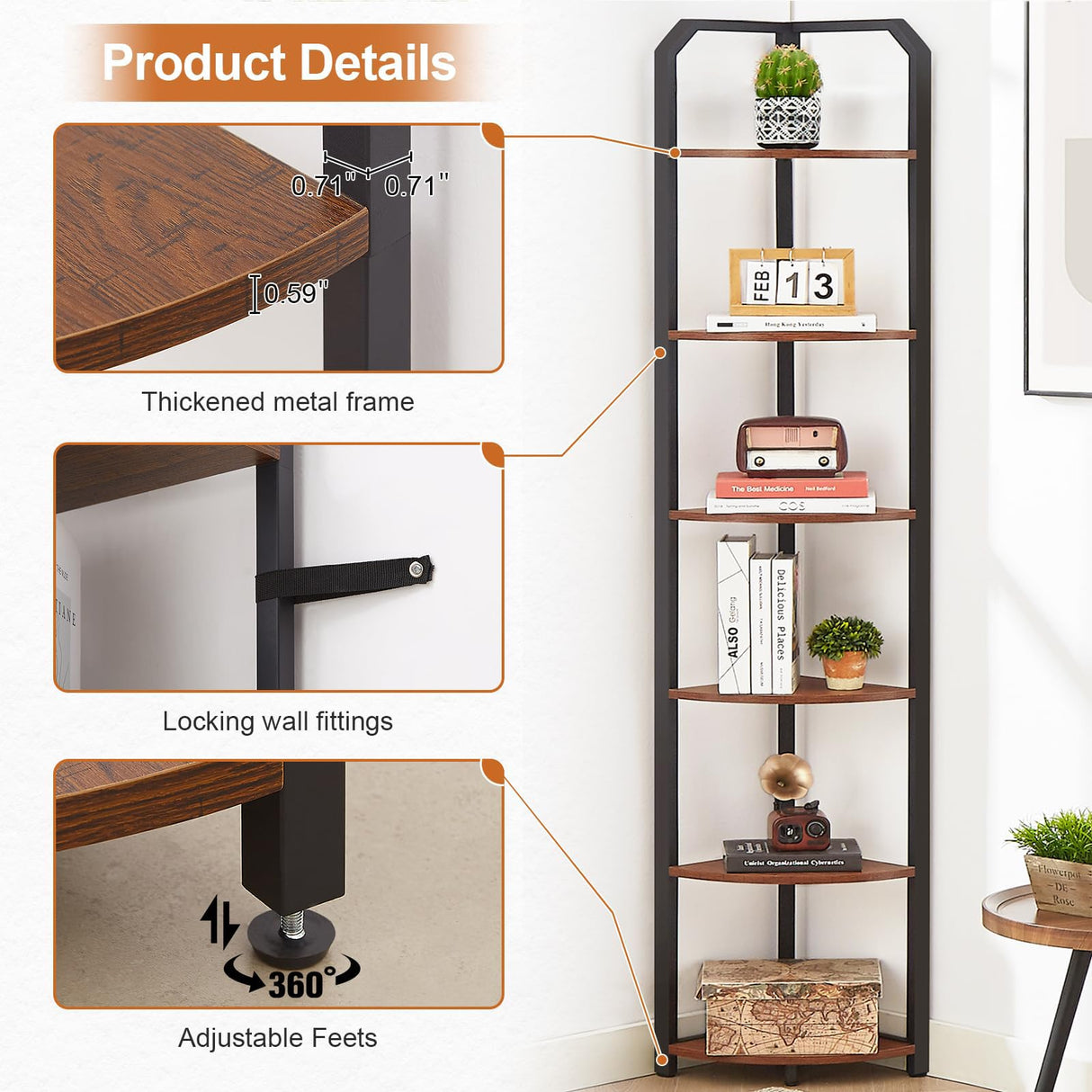 MNEETRUNG 71" Corner Shelf,6 Tier Industrial Corner Bookshelf, Freestanding Shelf Stand for Small Space,Home Office,Living Room,Bedroom,Brown MNEETRUNG