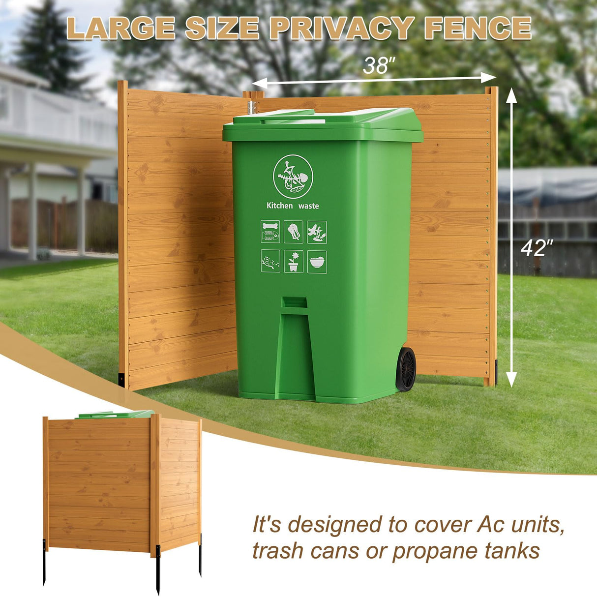 ROOMTEC 38"W X 42"H Air Conditioner Fence Panels, 4 Panels Privacy Fence for Outside Privacy Screens Trash Can Enclosure with Metal Stake,Trash Can Screen Fence Pool Equipment Fence, Seamless Wood ROOMTEC