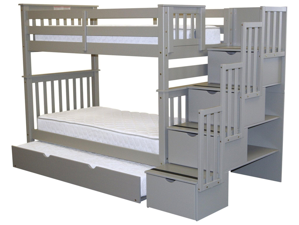 Bedz King Tall Stairway Bunk Beds Twin over Twin with 4 Drawers in the Steps and a Twin Trundle, Gray Bedz King