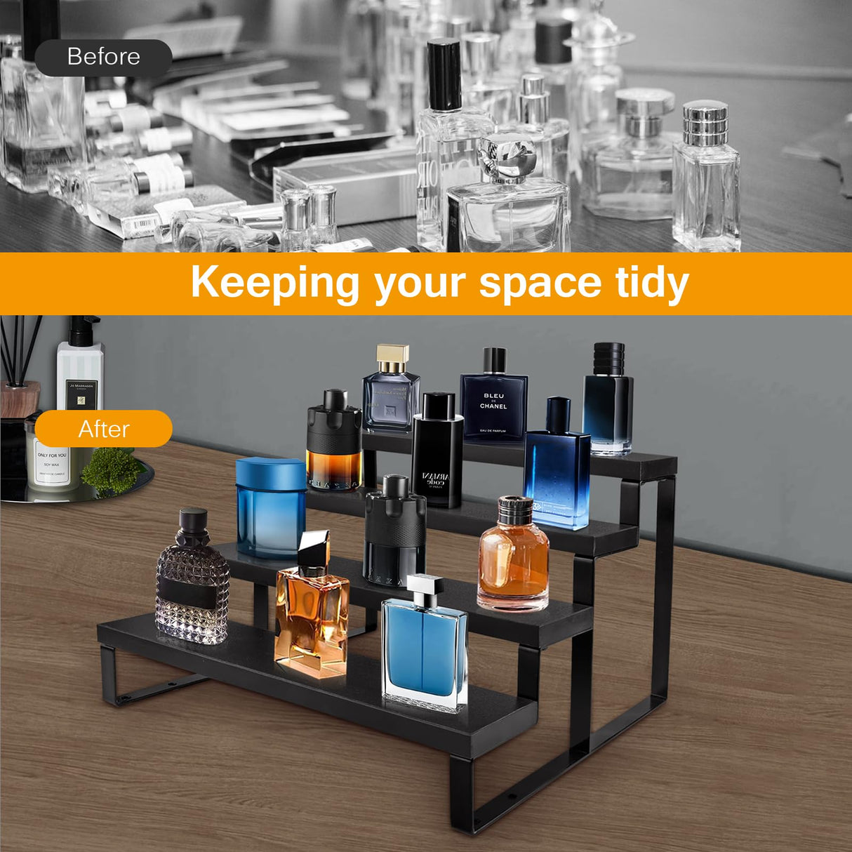 Wood Cologne Organizer for Men,12 Inch 4 Tier Cologne Stand Waterproof Perfume Organizer for Dresser with Anti-Slip Washers,Wooden Display Risers Stand for Party,Makeup,Figures,Cupcake,Perfume,Dessert HomePekite