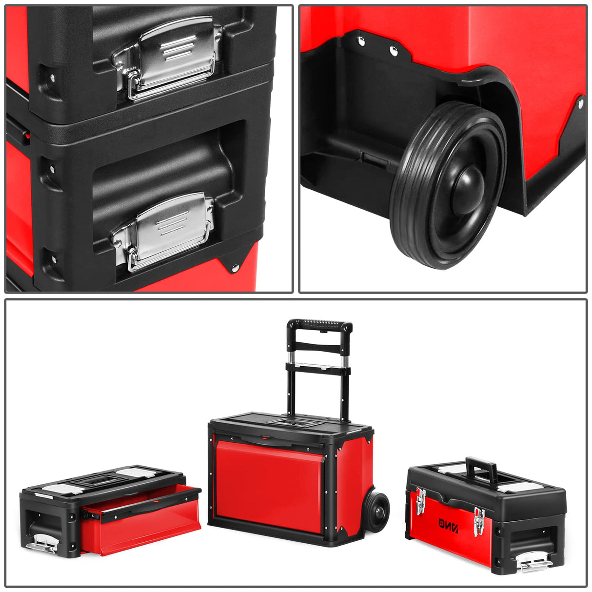 DNA MOTORING TOOLS-00222 19.5" x 28.5" x 12" 3-Tier Stackable Separate Hand Case Tool Boxes Trolley, 3-in-1 Storage Compartments, Red DNA MOTORING