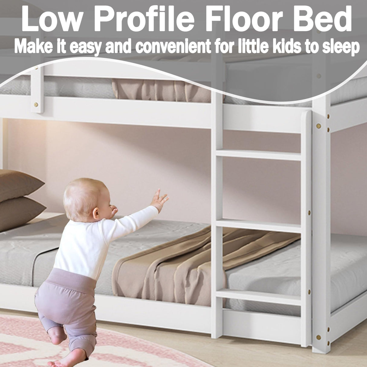 Anwick Low Bunk Bed Twin Over Twin, Floor Bunk Bed with Stairs, Twin Bunk Bed with High Rails Guardrail, Wooden Bunk Beds for Kids Girls Boys, No Box Spring Needed (White) Anwick