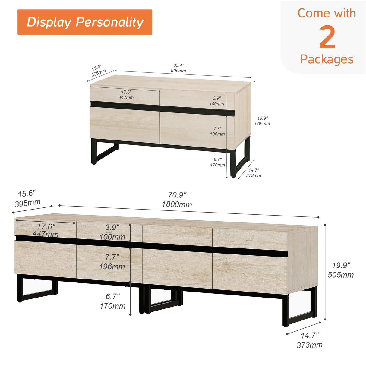 WAMPAT Modern TV Stand for TVs up to 75 inch, 2 in 1 Entertainment Center TV Console with Storage Cabinets and Metal Base,Media Console for Living Room,Light Oak WAMPAT