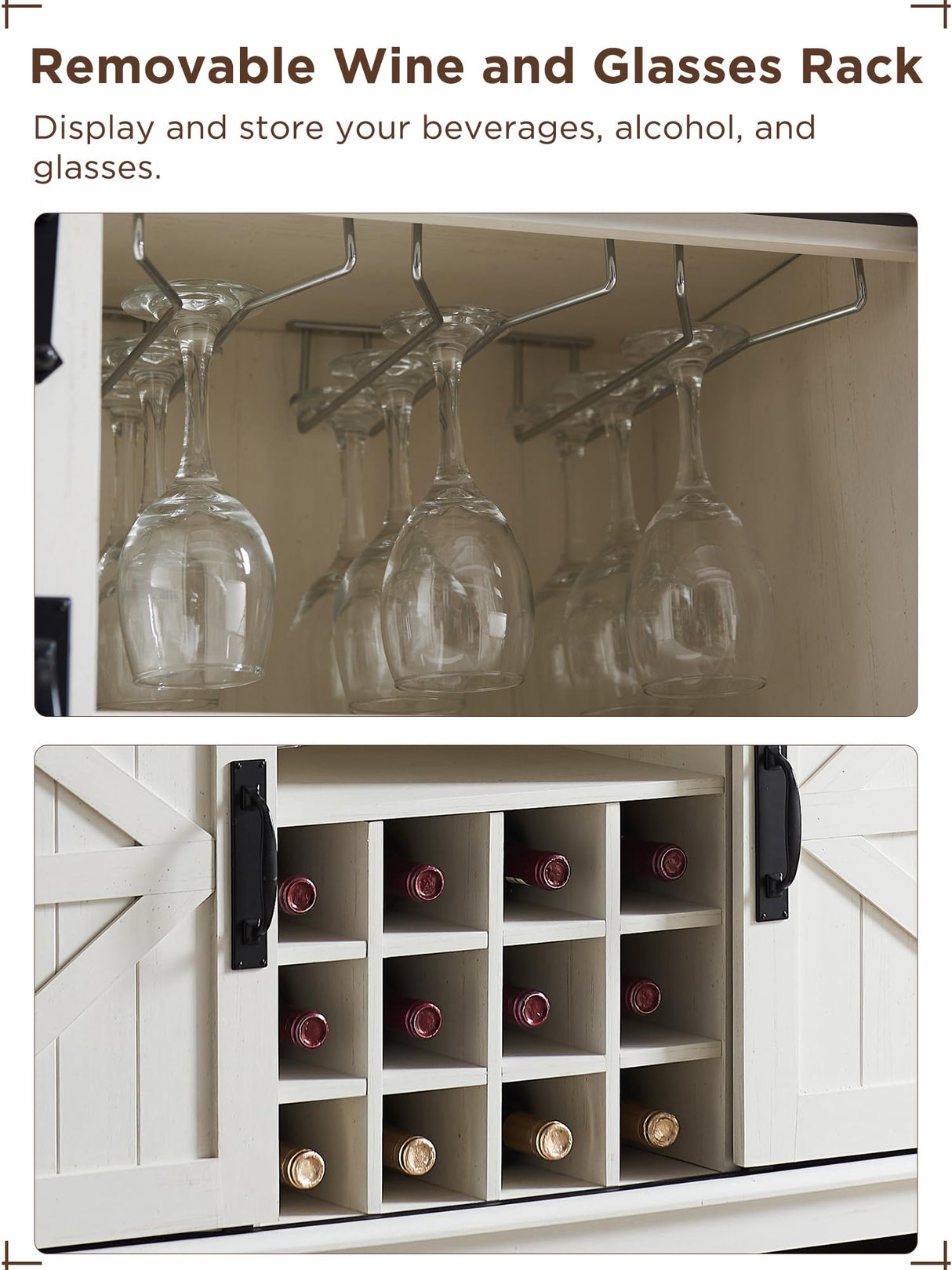 OKD 54" Farmhouse Buffet Cabinet with Storage, Large Kitchen Coffee Bar w/Sliding Barn Door, Wine & Glass Rack, Rustic Wine Bar Sideboard Table w/ 3 Drawers, Storage Shelves, Antique White OKD