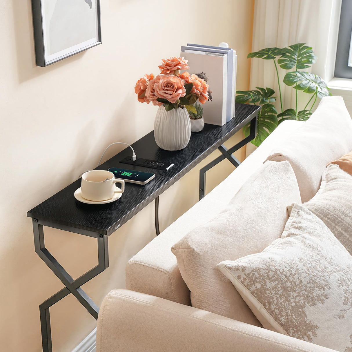 MAHANCRIS Console Sofa Table, 44.9" Entryway Table with Power Station, Narrow Couch Table, Hallway Table, Sofa Table with USB Ports, Metal Frame, for Entrance, Living Room, Black CTHB113E01 MAHANCRIS