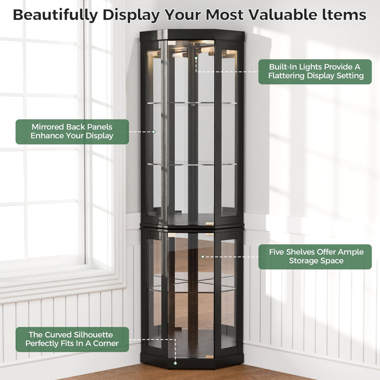 Trygoal 70" H Lighted Corner Curio Cabinet, Display Curio Cabinet with Tempered Glass Doors and Shelves, Corner Display Case with Light Bulb for Living Room, Dining Room, Black Trygoal