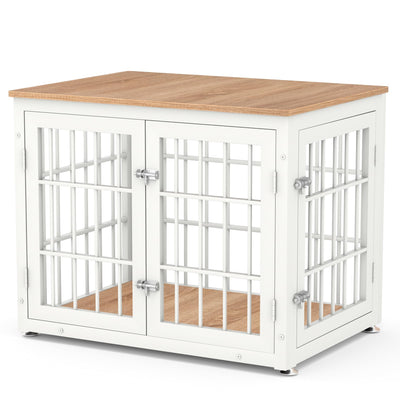 rehomerance Heavy Duty Dog Crate Furniture for Medium and Small Dogs, Decorative Pet House End Table, Wooden Cage Kennel Furniture Indoor, White and Natural
