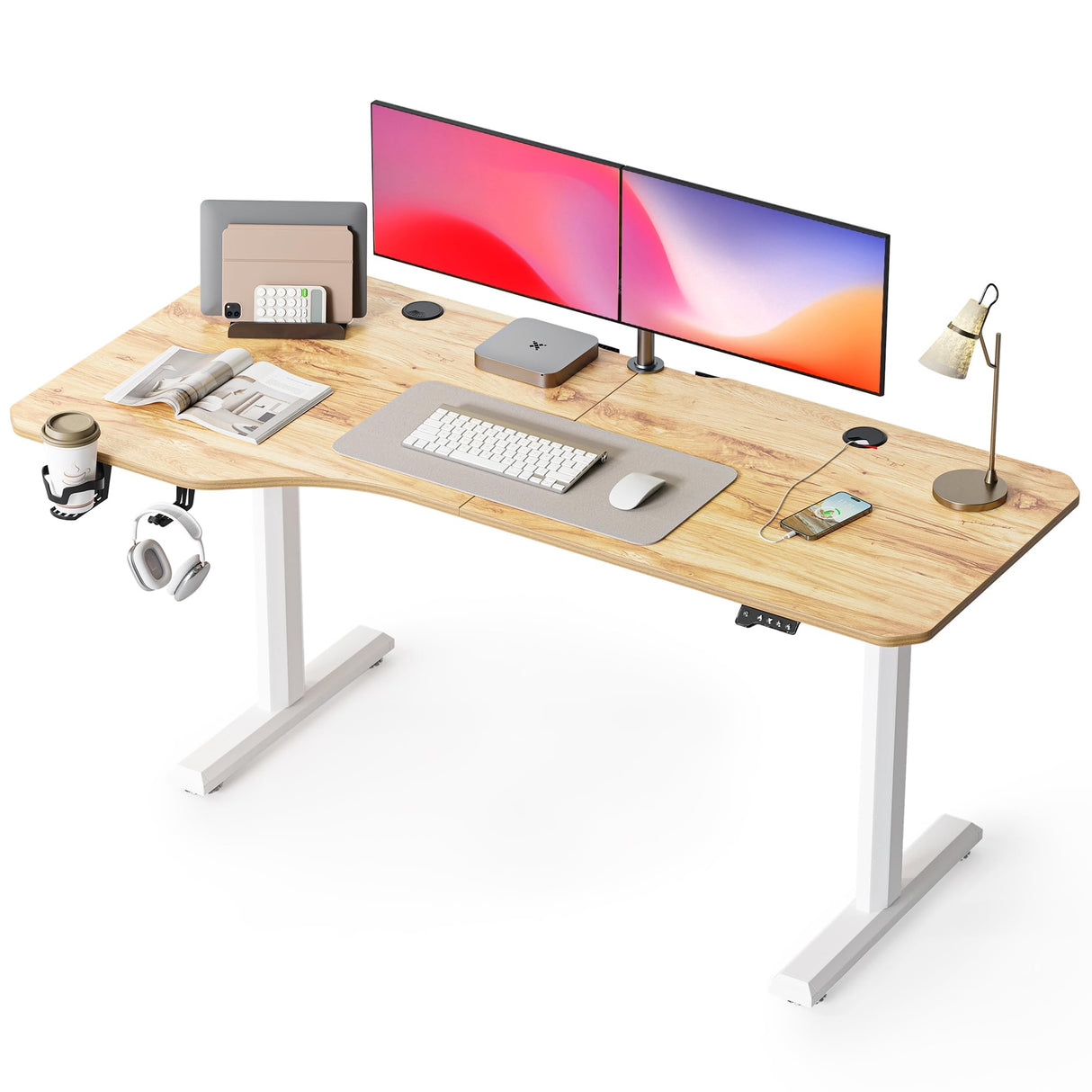 FEZIBO 63"x28" L Shaped Standing Desk, Electric Stand up Height Adjustable Home Office Table, Sit Stand Desk, Light Rustic Brown Top FEZIBO