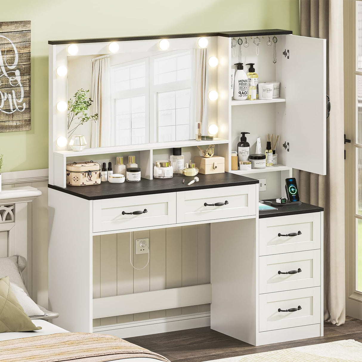 DDONGMM Farmhouse Vanity Desk Makeup Table with Mirror and 10 Lights, 45.3" Large Vanity Desk with Power Outlet, 5 Drawers, 1 Cabinet & 9 Jewelry Hooks, Dressing Table for Women Girls White & Black DDONGMM