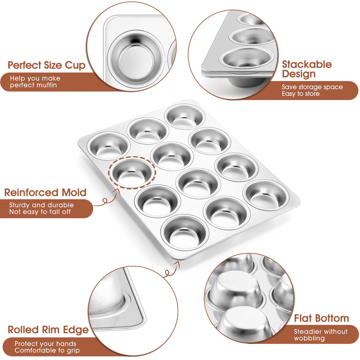 P&P CHEF Muffin Pan Cupcake Baking Pan Set of 2, 12 Cups Muffin Tin Tray, Stainless Steel Muffin Pans for Baking Mini Cake Muffin Tart Quiche, Oven & Dishwasher Safe, Non-toxic & Heavy-duty P&P CHEF