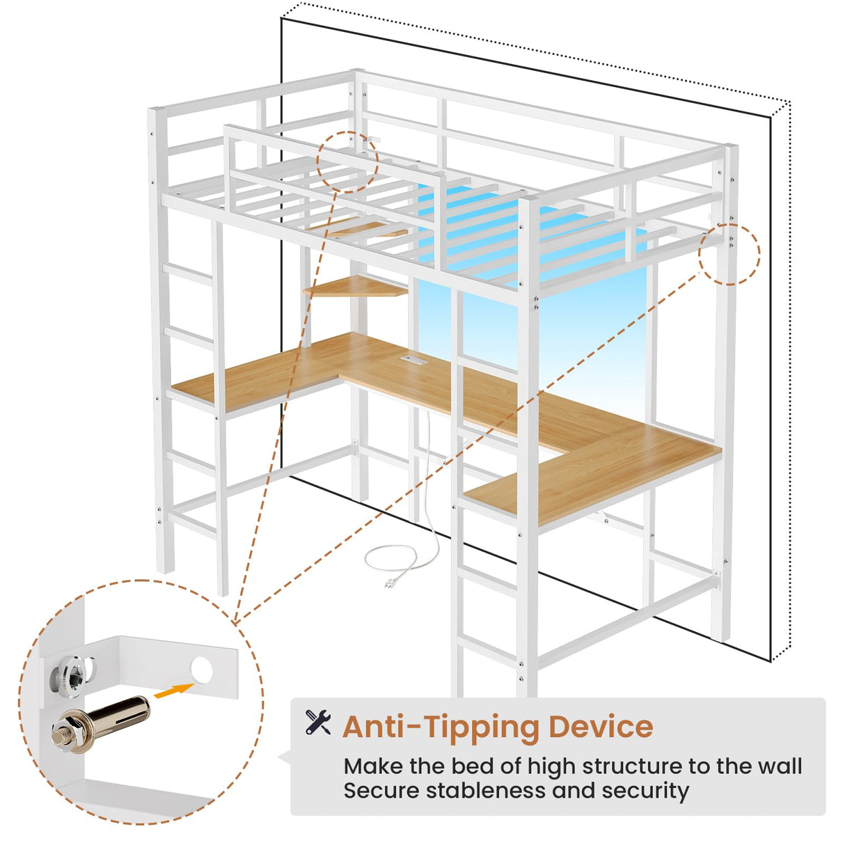 DICTAC Twin Loft Bed with U-Shaped Desk, LED Lights, Charging Station, and Storage Shelves – White Metal Frame DICTAC