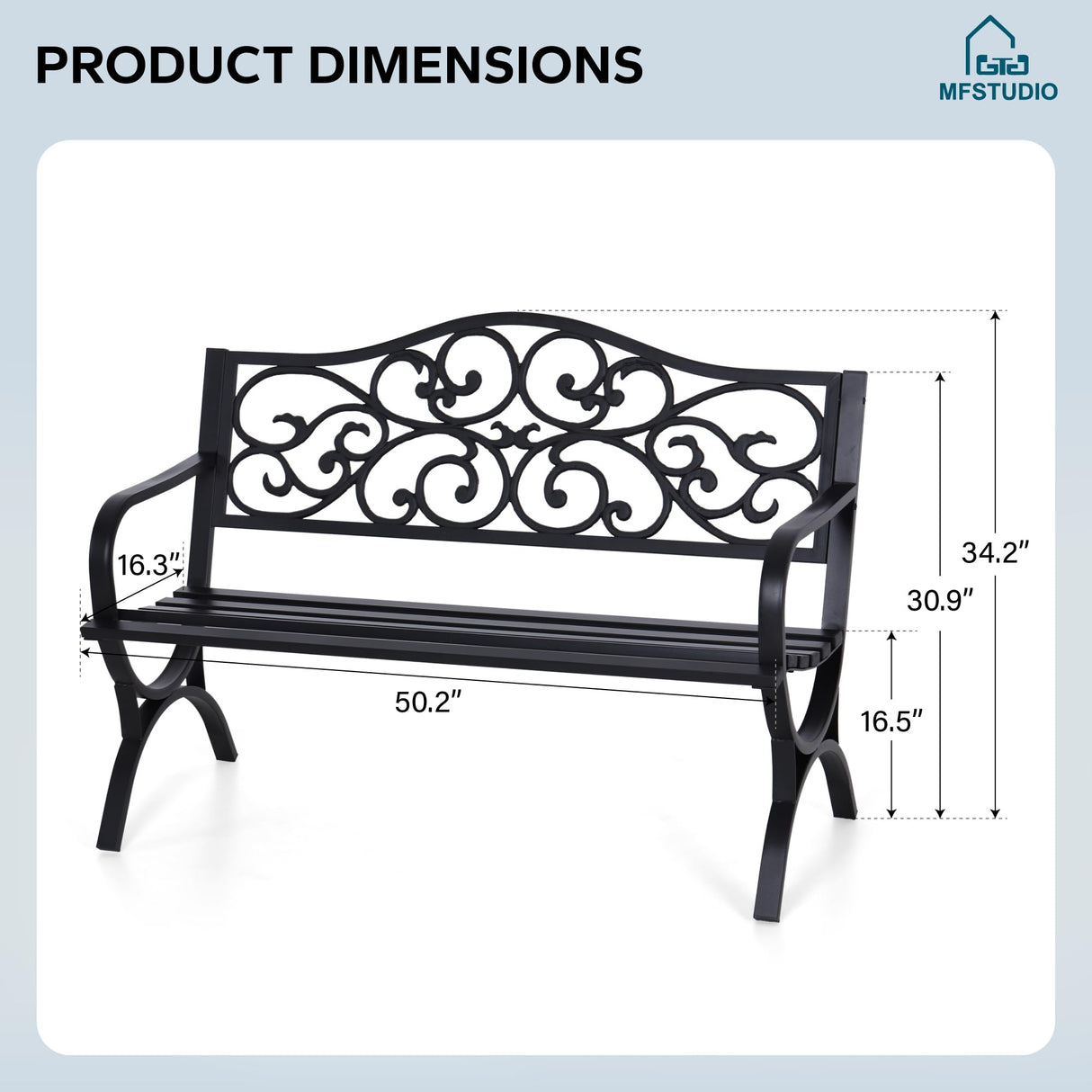 MFSTUDIO 50 Inches Outdoor Garden Bench, Cast Iron Metal Frame Patio Park Bench with Floral Pattern Backrest, Arch Legs for Porch Lawn Garden Yard(Black) MFSTUDIO