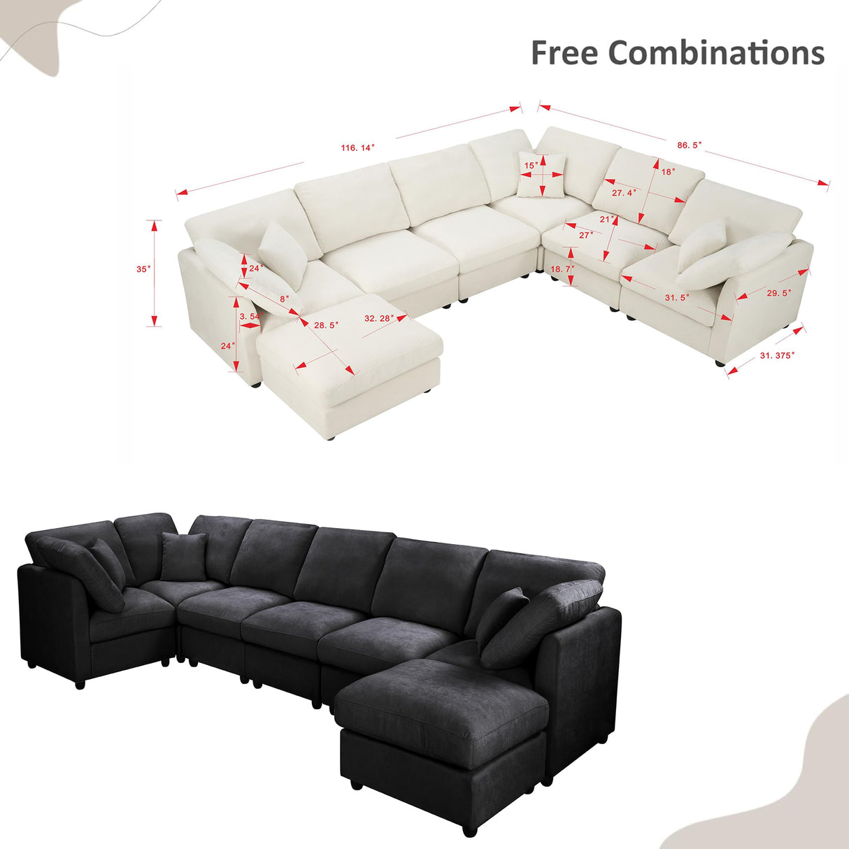 117" Modular Sectional Sofa,U-Shaped Chenille Sofa Couch with Movable Ottoman,Modern 7 Seat Cloud Sectional Couches for Living Room Office Home (Black, 117" U-7 Seater) Anwick
