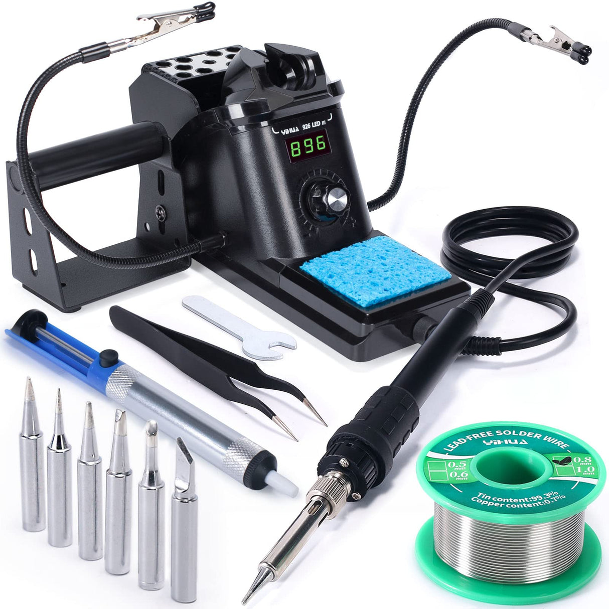 YIHUA 926 III 60W Digital Display Soldering Iron Station Kit w 2 Helping Hands, 6 Extra Iron Tips, Lead-Free Solder, Solder Sucker, S/S Tweezers, °C/ºF Conversion, Auto Sleep & Calibration Support YIHUA