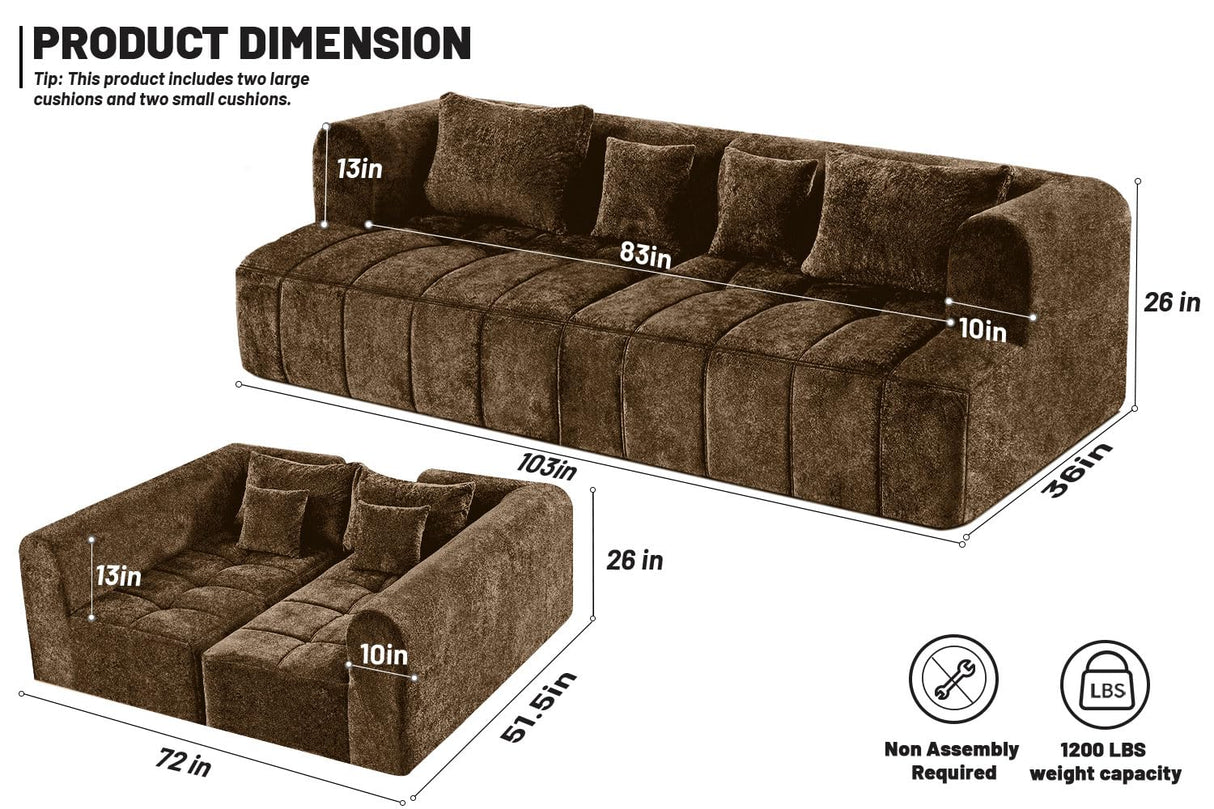 HABUTWAY 103" Modular Cloud Sectional Couch, Modern Modular Sofa Couch with Deep Seats Supportive Cushion Wide Armrests and Pillows for Living Room, Bedroom and Apartment, No Asseembly Required, Brown HABUTWAY