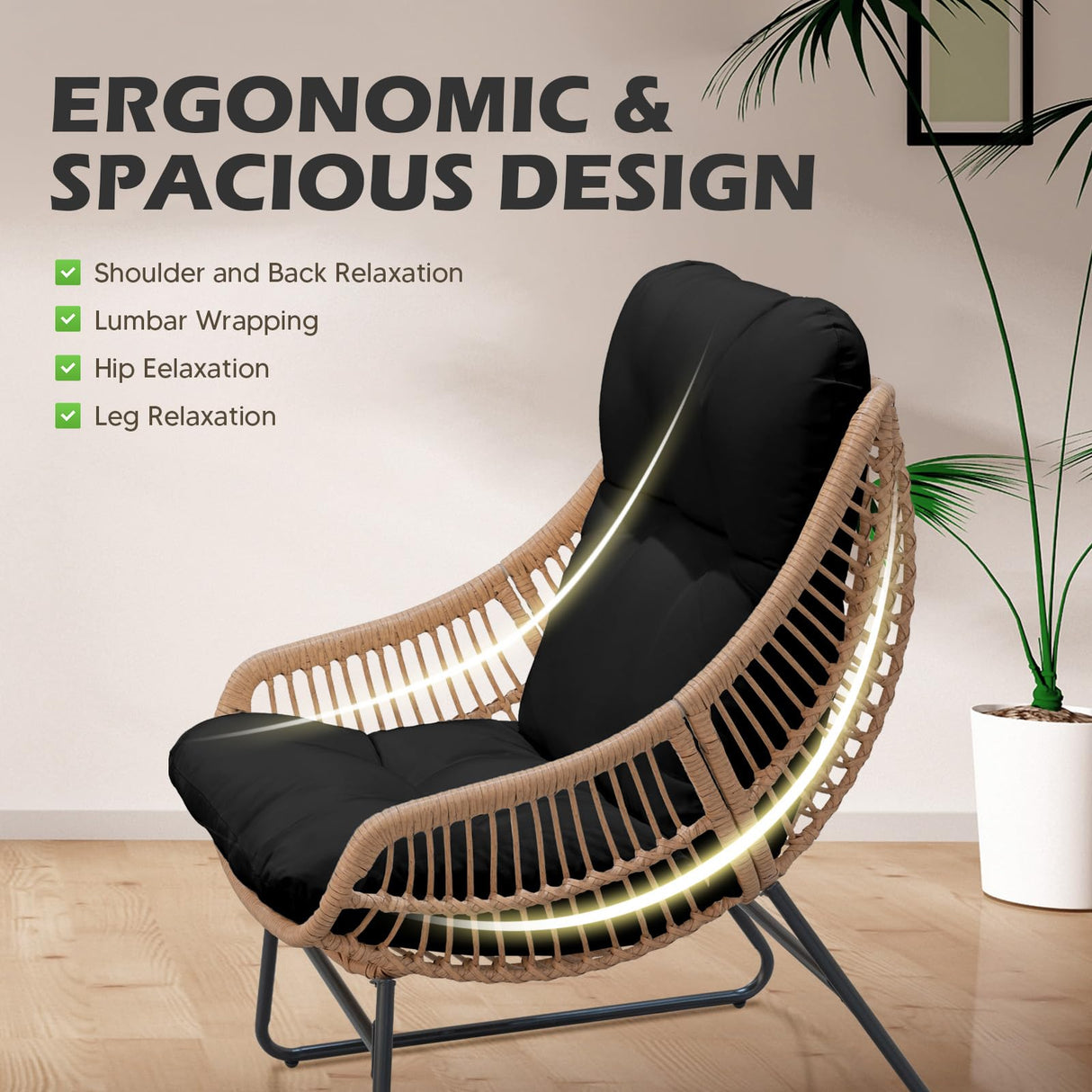 HOMEZILLIONS Outdoor Wicker Papasan Egg Chair with Ottoman, Patio Basket Lounge Chair Indoor Egg-Shaped Rattan Reading Lounger with Thick Cushion for Living Room Bedroom Balcony Porch, Black HOMEZILLIONS