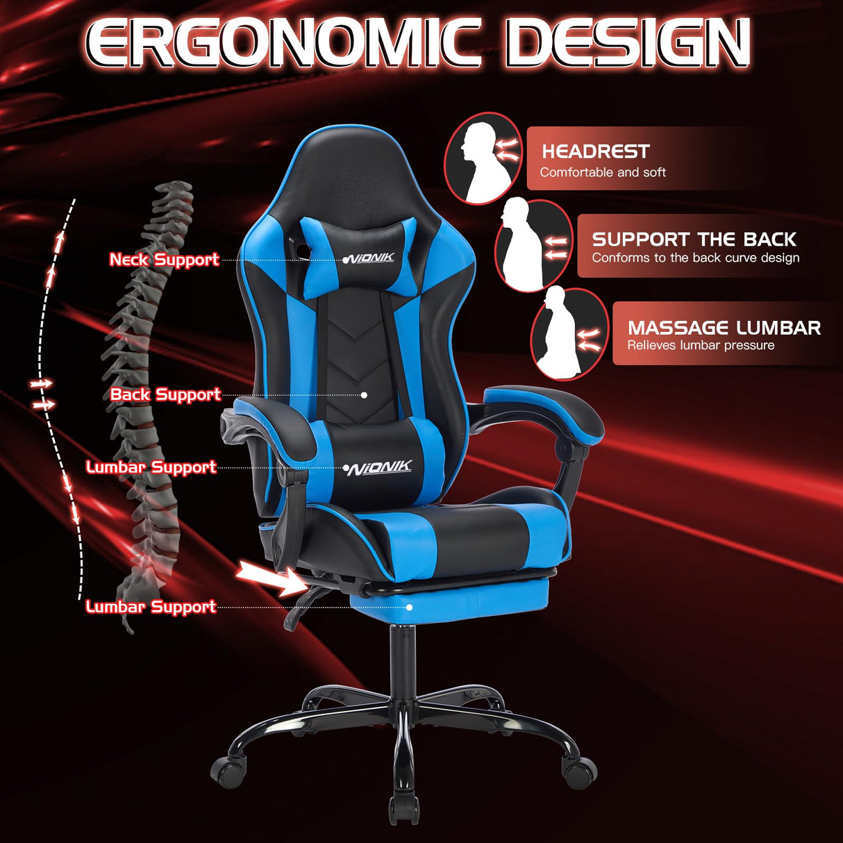 Gaming Chair with Footrest, Ergonomic Computer Chair with Headrest and Lumbar Support, PU Breathable Material Height Adjustable Video Game Chairs for Adults, BlackBlue NIONIK